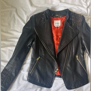 Bebe Women’s Genuine Leather Jacket with Gold Hardware and snakeskin detail